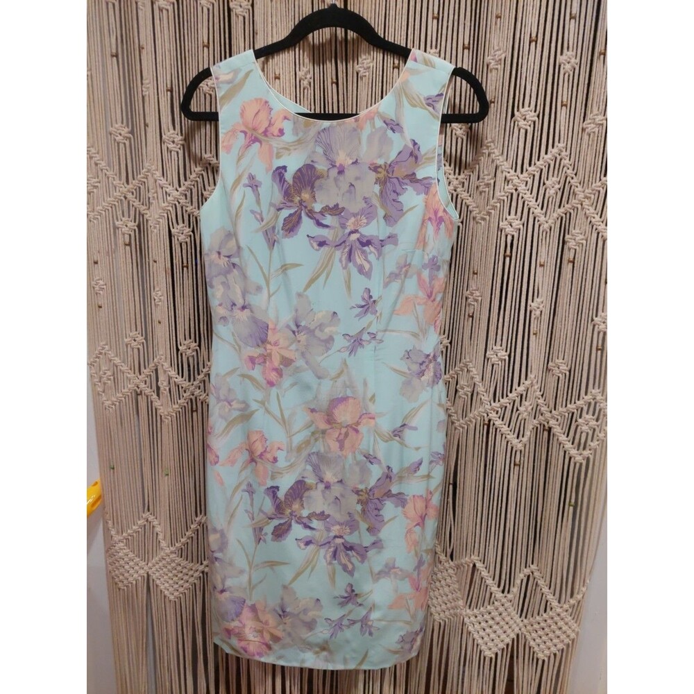 Vintage Constance Saunders Women's Blue Floral 100%Silk Dress 6 Sleevless Lined